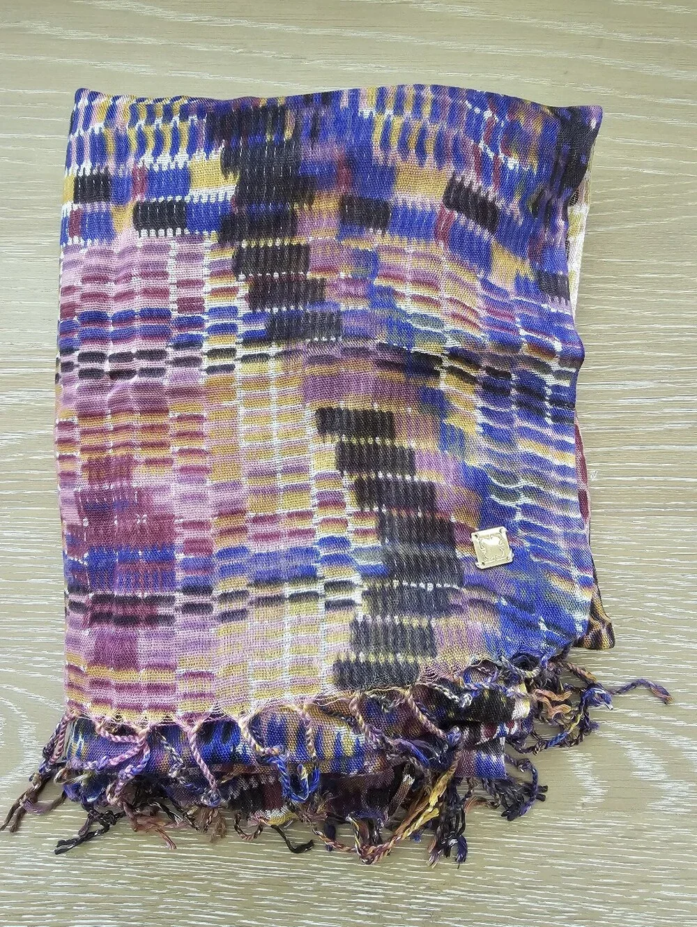​Liz Claiborne Abstract Ikat Plaid Wrap Scarf Purple Mustard Fringe Trim 72x28​
